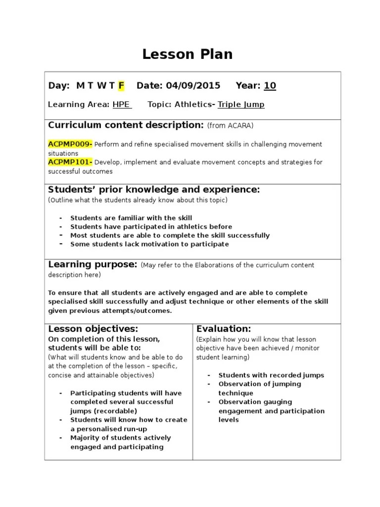 Lesson Plan Triple Jump PDF Lesson Plan Curriculum