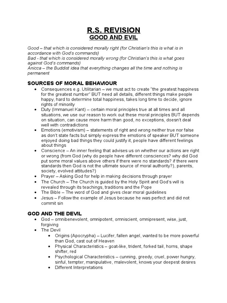 OCR GCSE RS Revision Good and Evil Evil Good And Evil
