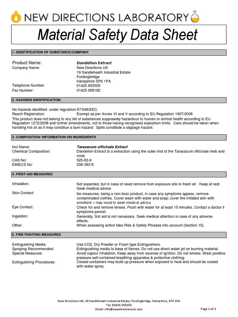 Dandelion Extract MSDS PDF Materials Chemistry
