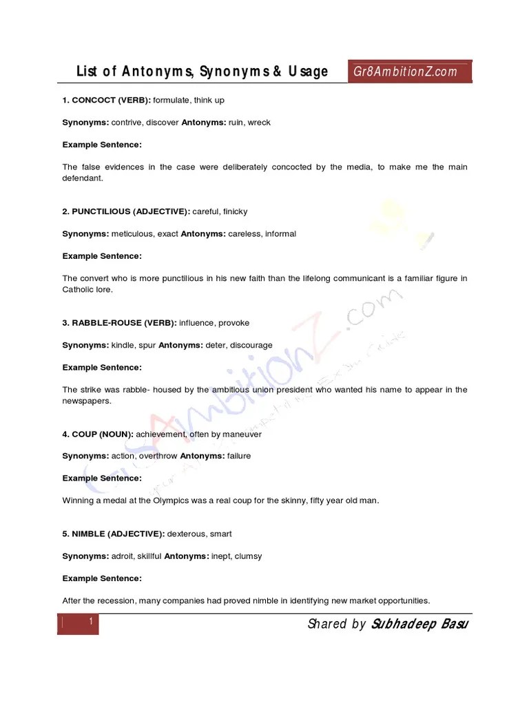 Synonym &amp; Antonyms IMP Adjective Verb