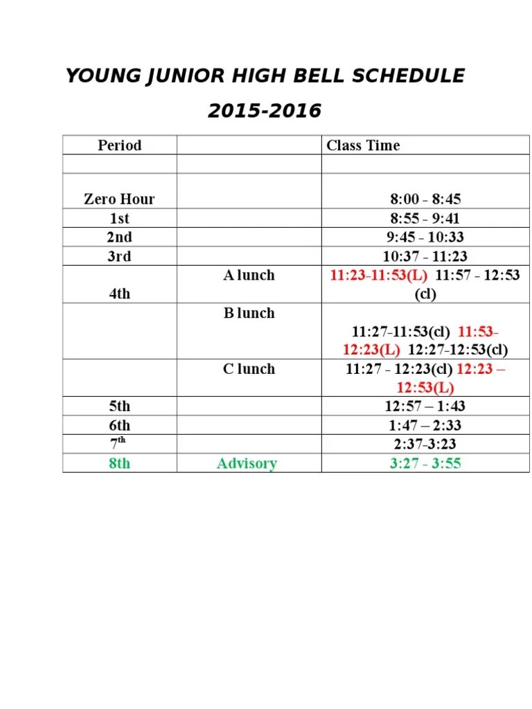 Young Junior High Bell Schedule PDF
