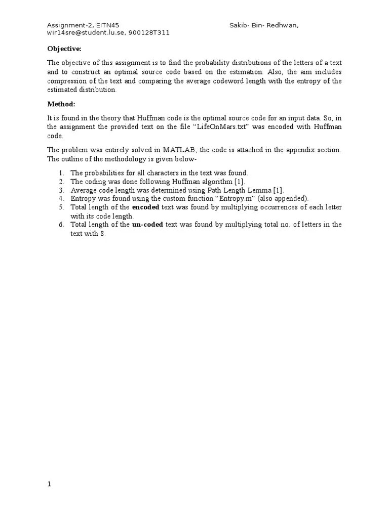 Huffman Coding on Matlab Applied Mathematics Physics & Mathematics