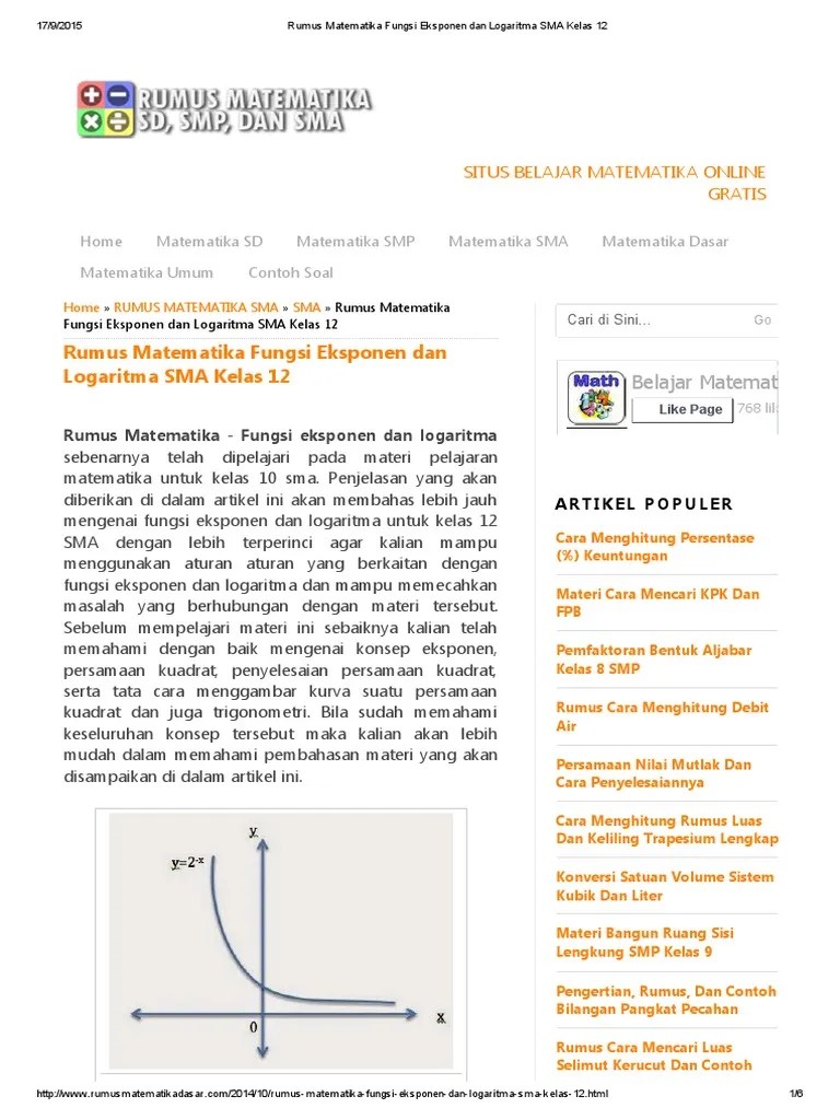 Rumus Matematika Fungsi Eksponen Dan Logaritma SMA Kelas 12