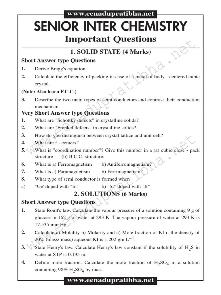 Sr Inter Chemistry Imp Qus Battery (Electricity) Chemical Compounds