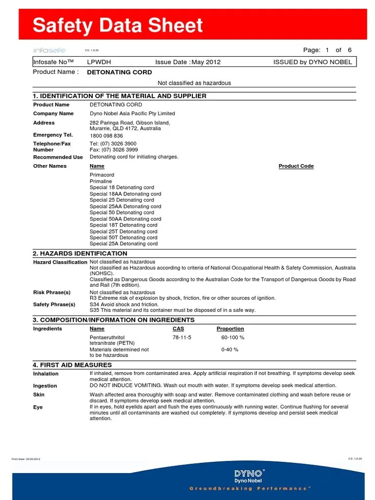 Lpwdh Detonating Cord Dangerous Goods Explosive Material