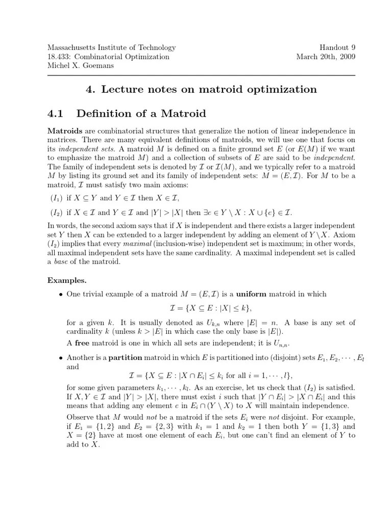 Lecture Notes On Matroid Optimization 4.1 Definition of A Matroid PDF