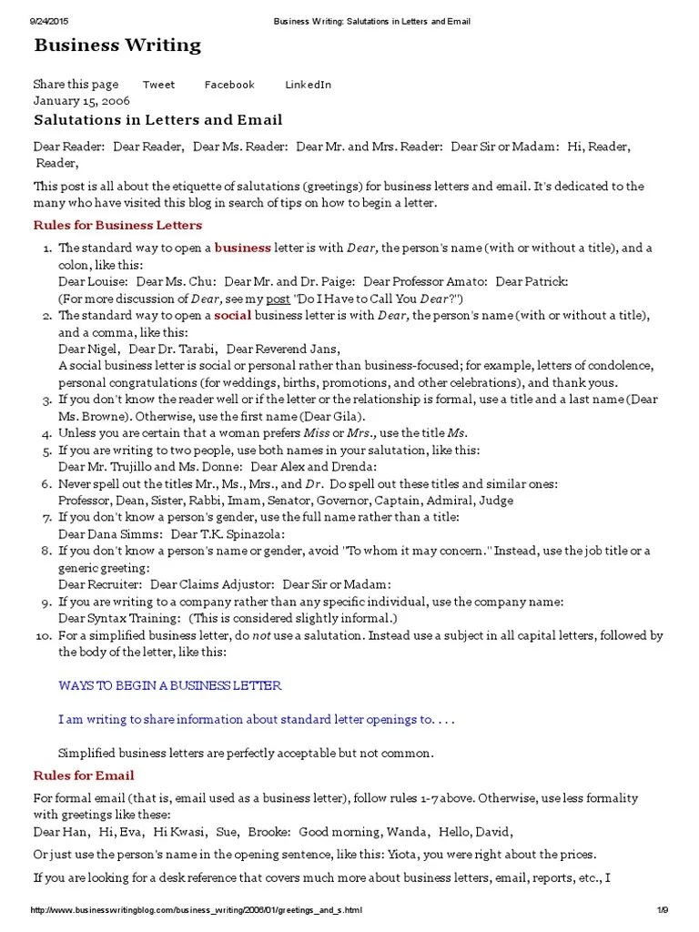 Business Writing Salutations in Letters and Email The Reverend Rules