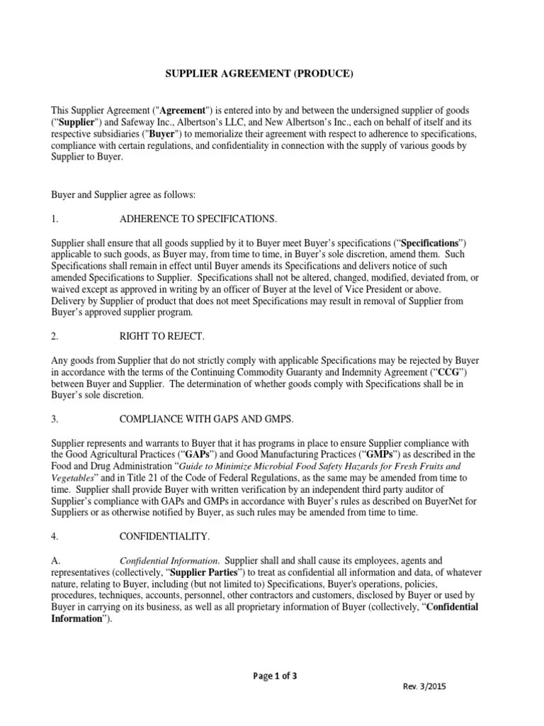 Produce Supplier Agreement Form Confidentiality Non Disclosure