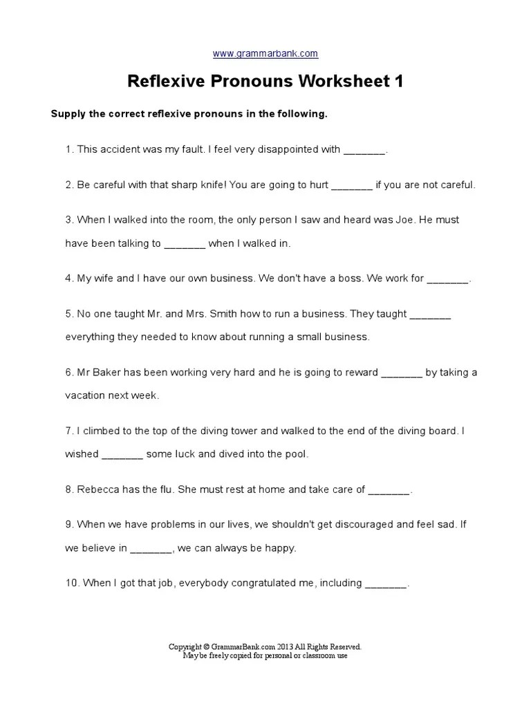 Reflexive Pronouns Worksheet