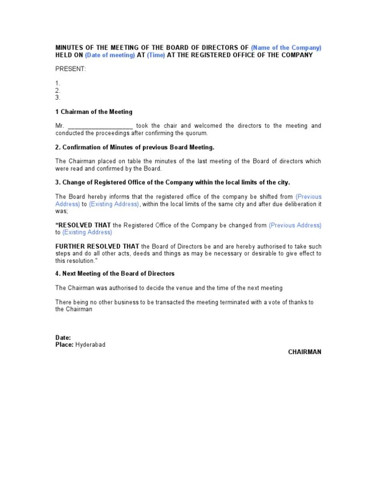 Minutes for change of Registered Office