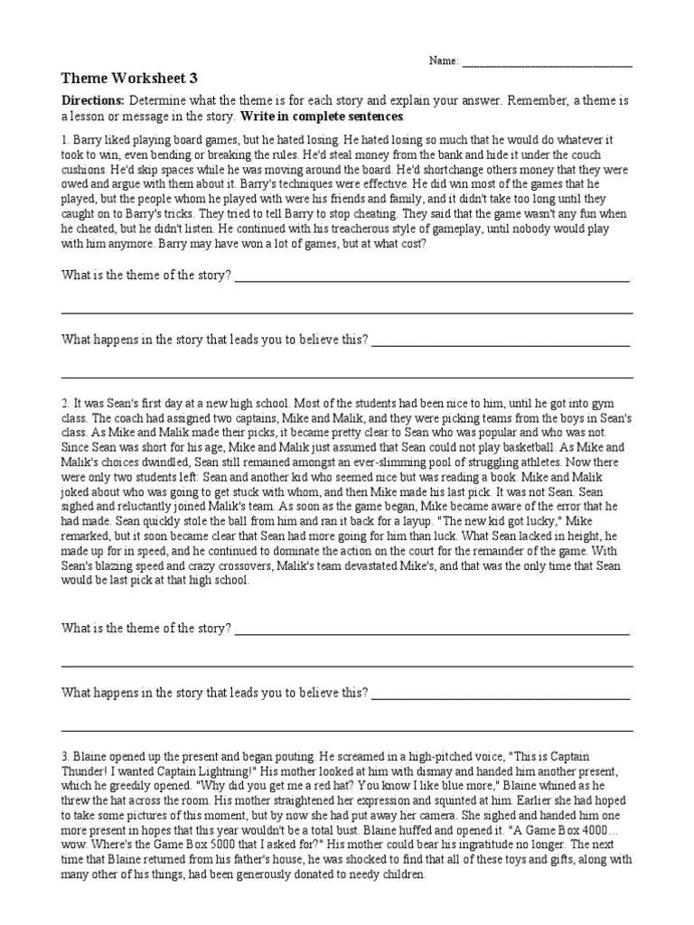 Theme Worksheet 3 Directions Determine what the theme is for each