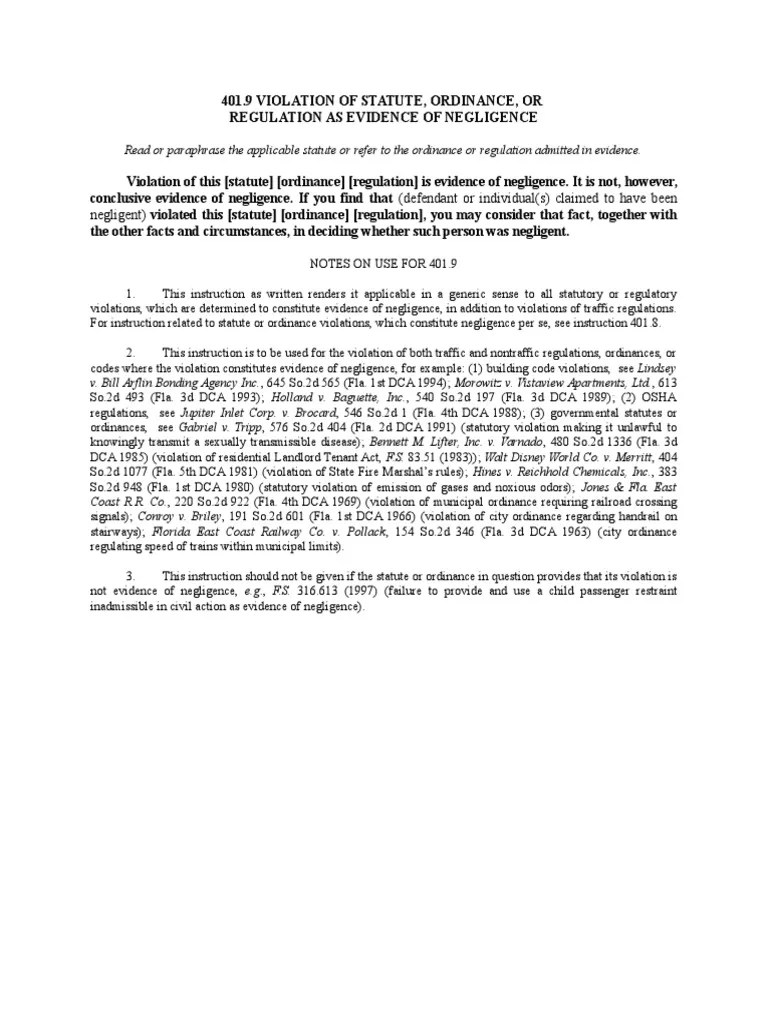 401.9 VIOLATION OF STATUTE, ORDINANCE, OR REGULATION AS EVIDENCE OF