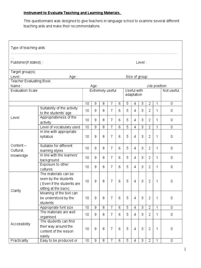 Checklist to Evaluate Teaching Aids