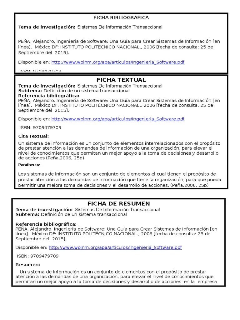 Ficha Bibliografica Sistema de información Software