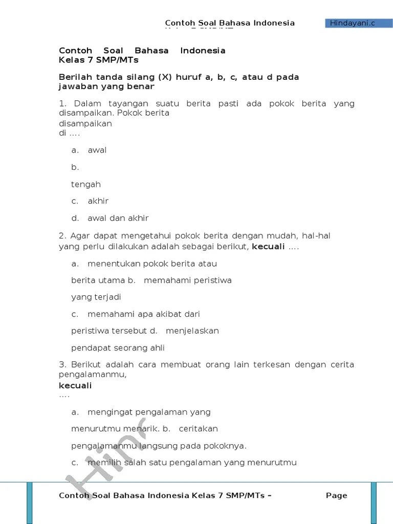 Contoh Soal Bahasa Indonesia Kelas 7 SMP MTs Try Out | PDF