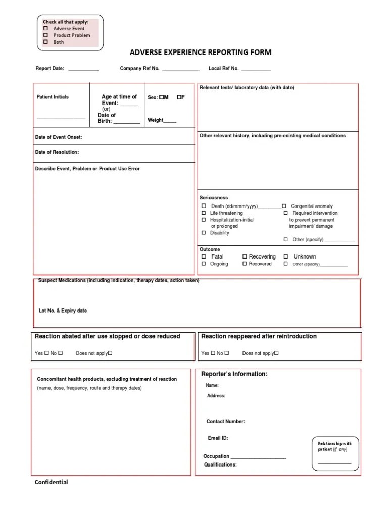 Adverse Experience Reporting Form Patient information