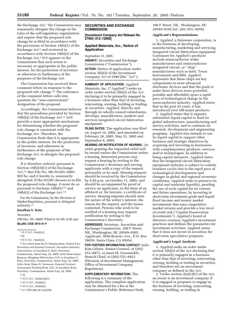 Notice Investment Company Act of 1940 Applied Materials
