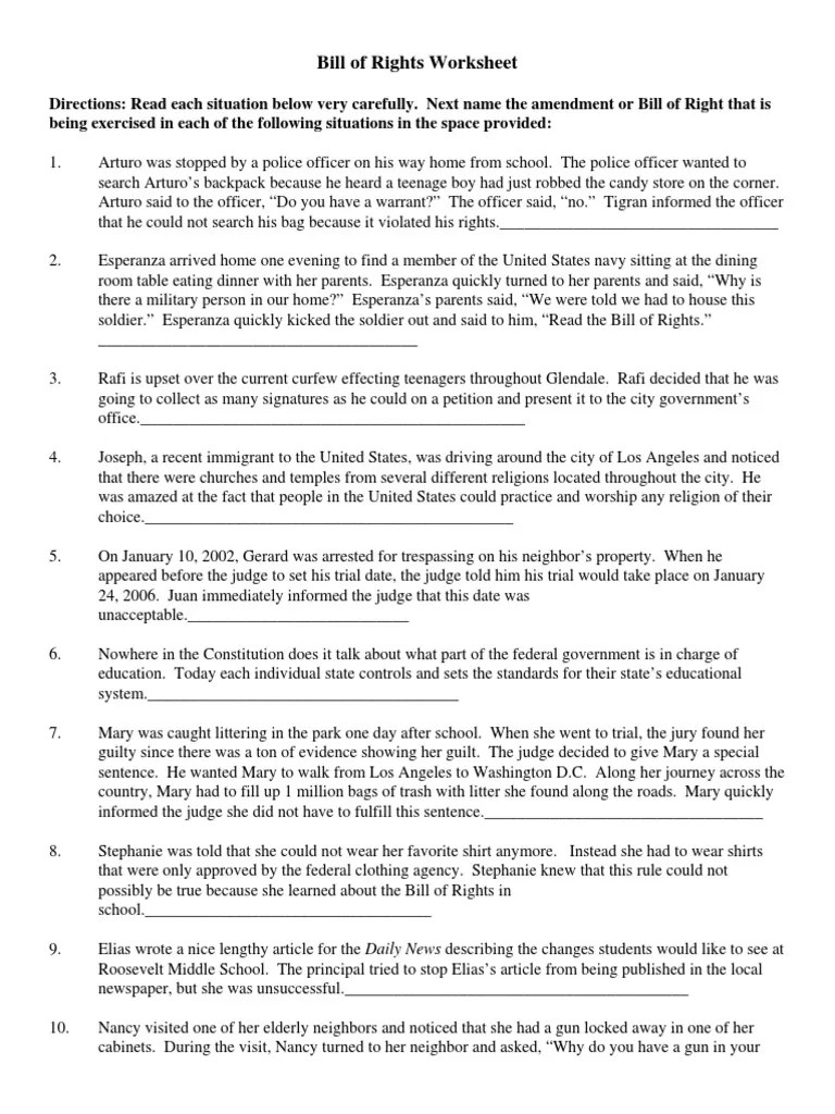 Bill Of Rights Worksheet Answers