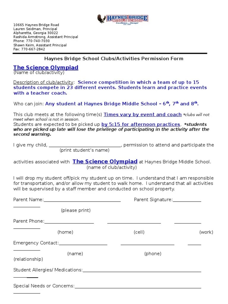 Club Permission Slip PDF