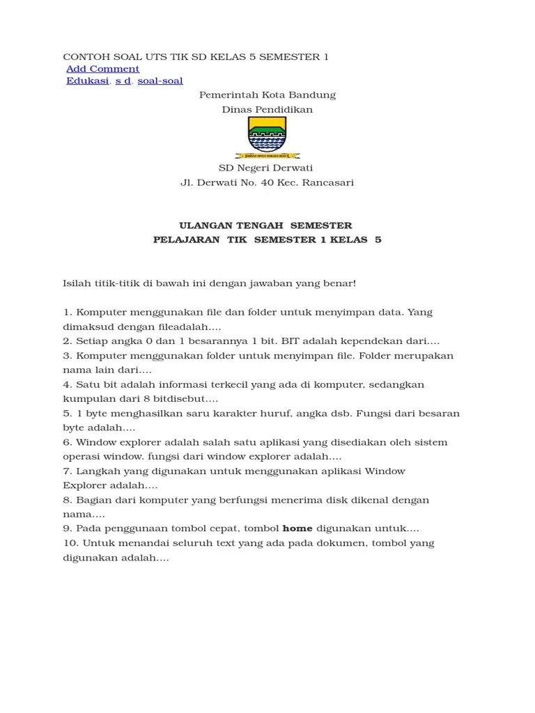 Contoh Soal Tik Kelas 1 Sd - Contoh Soal Terbaru