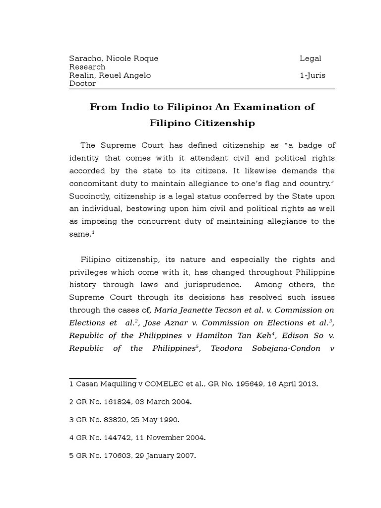 Filipino Citizenship Synthesis PDF Naturalization Citizenship