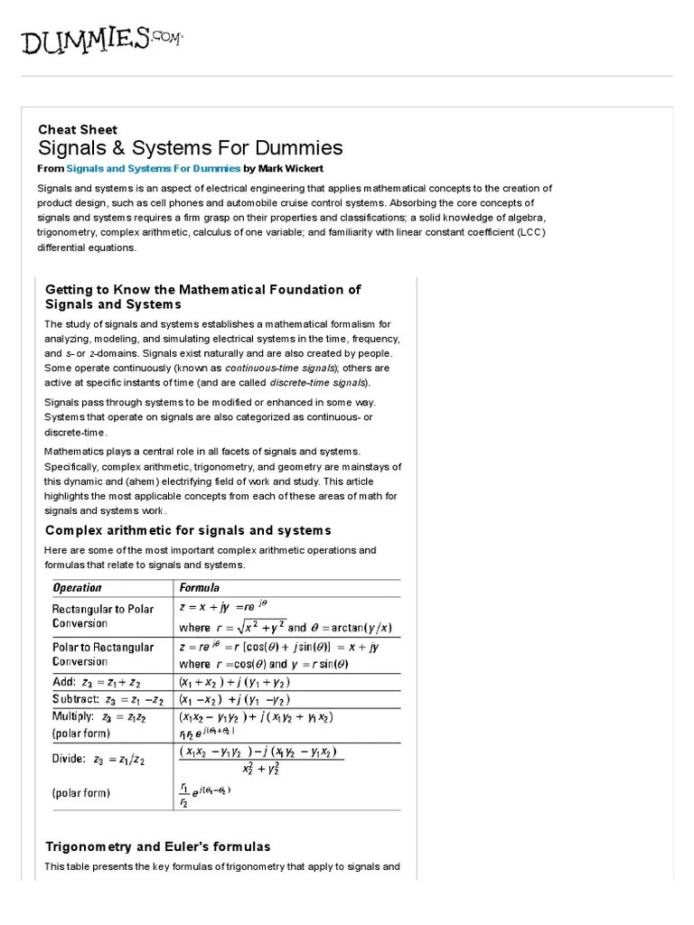 Signals & Systems For Dummies Cheat Sheet For Dummies PDF Laplace