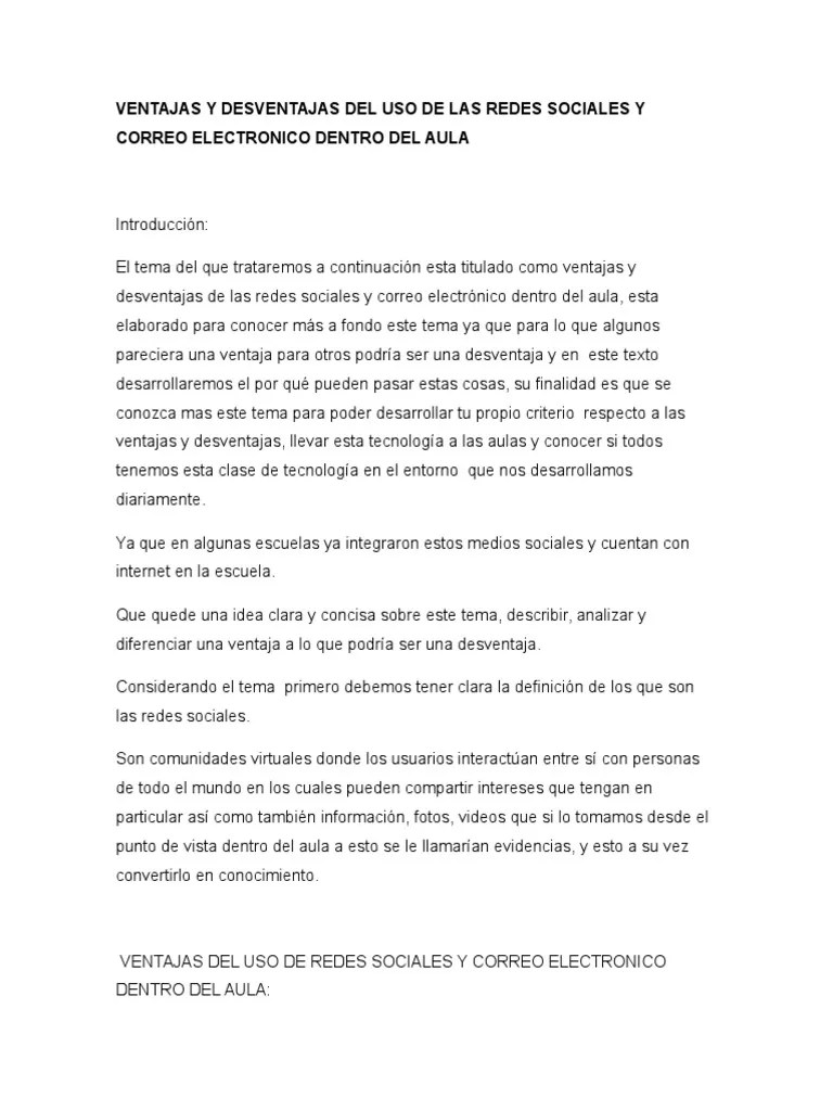 Ensayo Ventajas y Desventajas Del Uso de Redes Sociales en Aulas