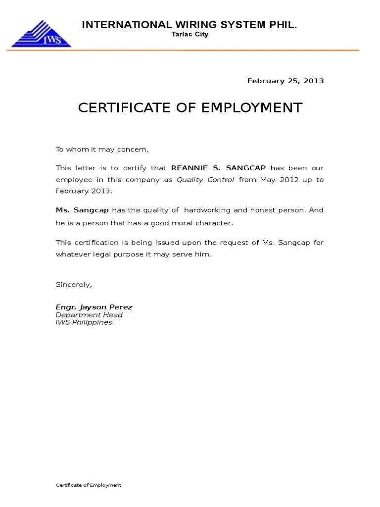 Sample of Certificate of Employment For Construction PDF