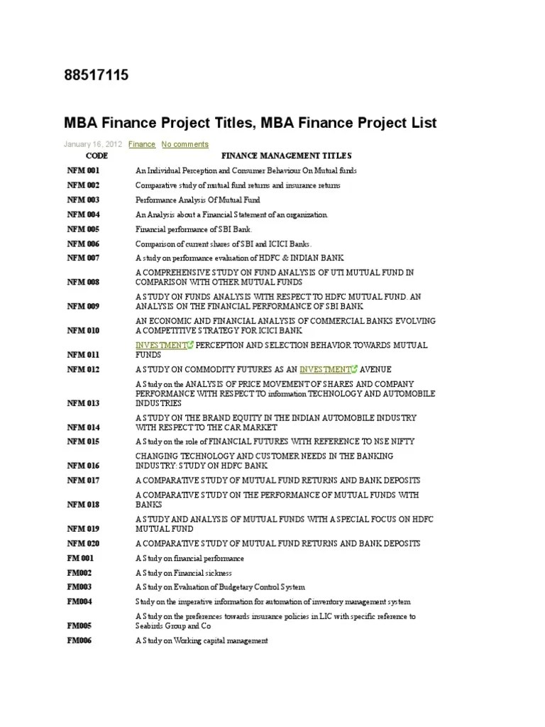MBA Finance Project Titles Investing Banks