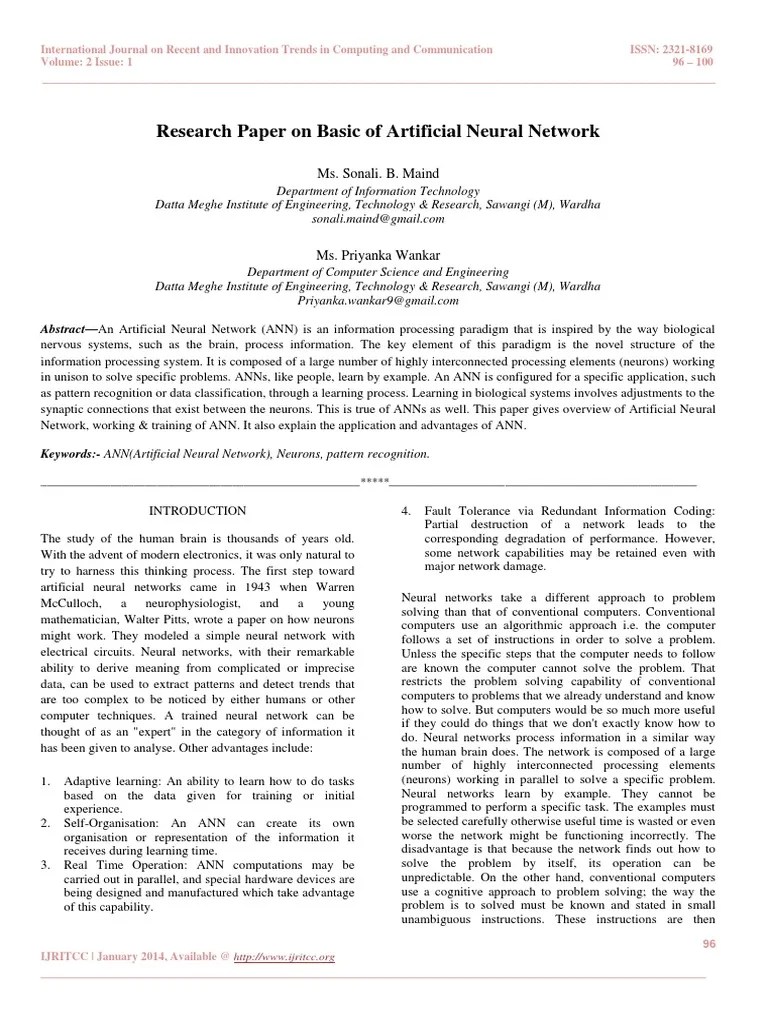 Research Paper On Basic of Artificial Neural Network PDF Artificial