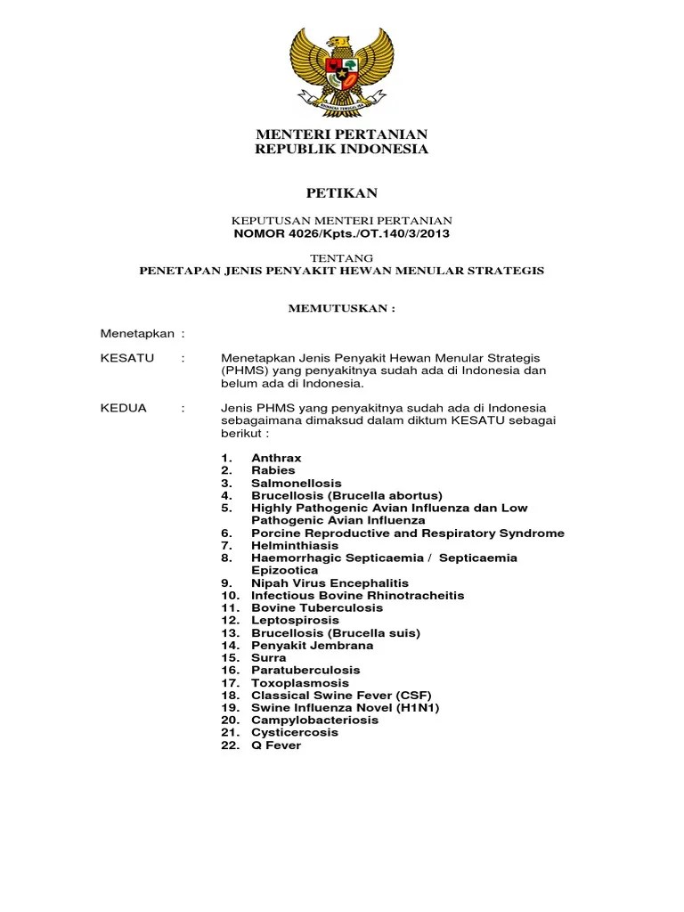 Kepmentan No 4026 Taun 2013 Jenis Penyakit Hewan Menulas