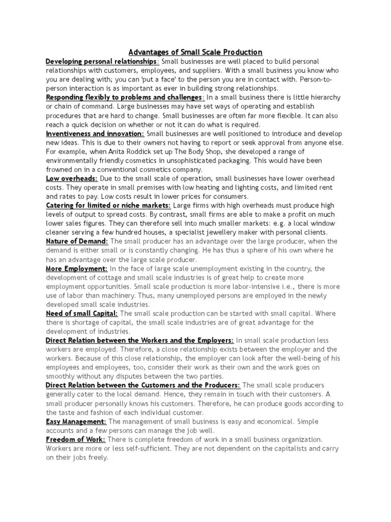 Advantages of Small Scale Production Small Business Labour Economics