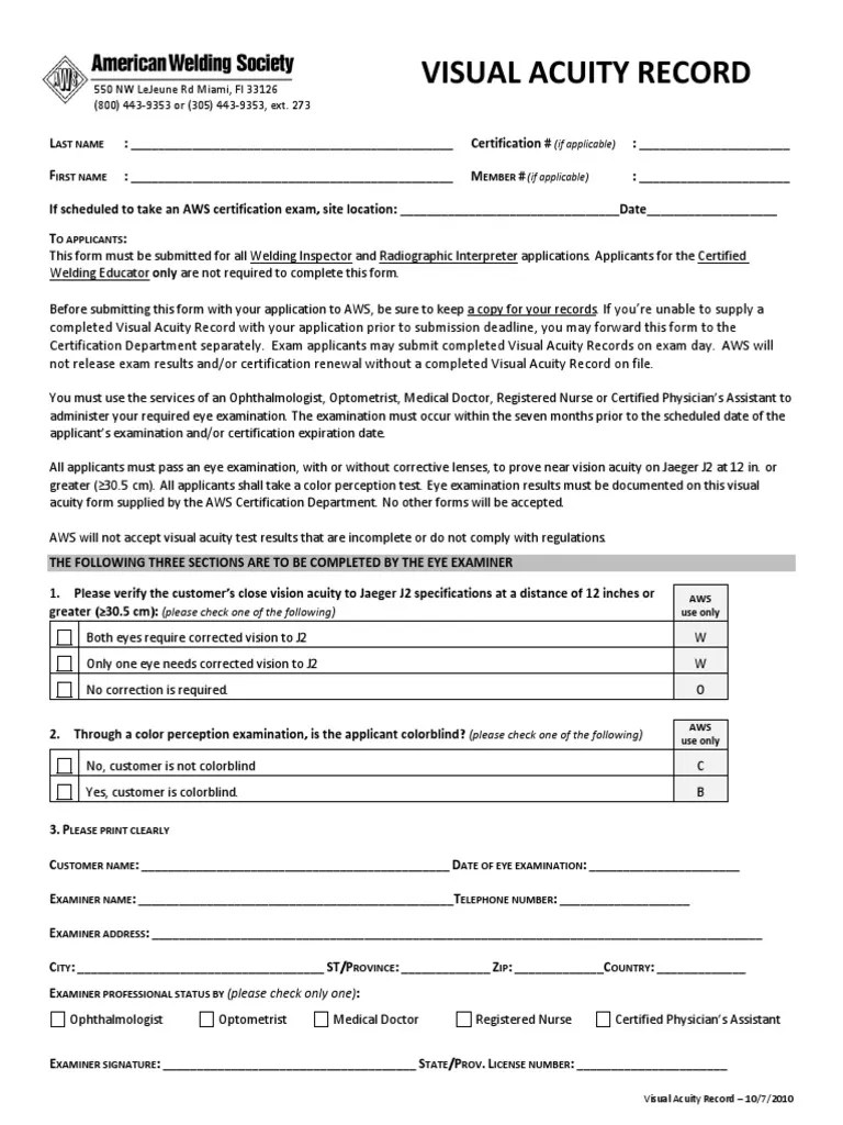 Visual Acuity Record Optometry Visual Acuity