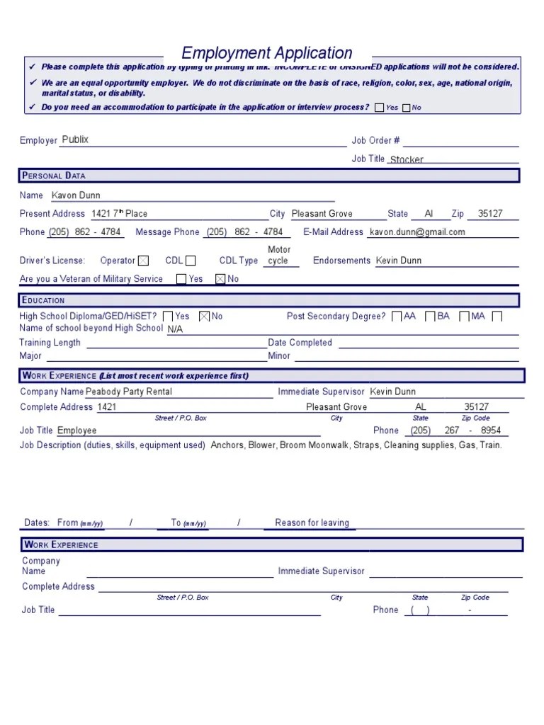Publix Application PDF Employment Business