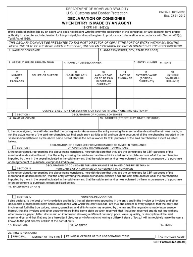 U.S. Customs Form CBP Form 3347A Declaration of Consignee When Entry