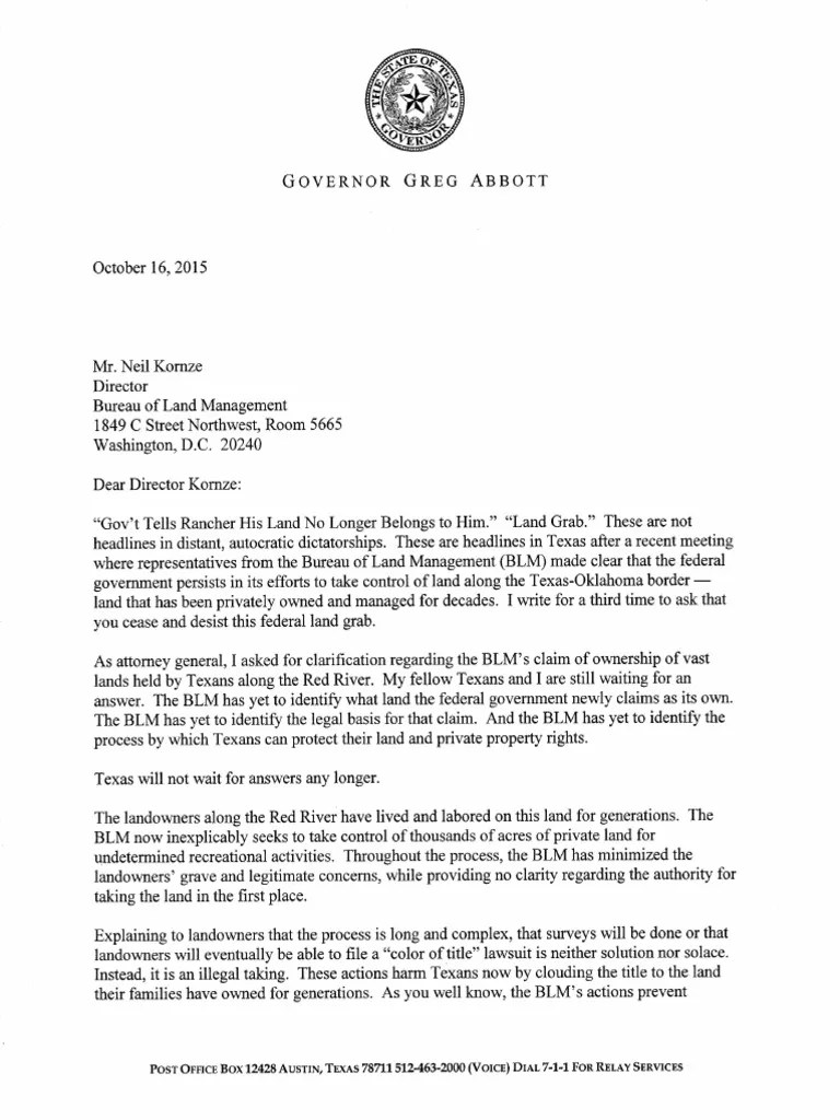 Texas Governor Greg Abbott's Letter to BLM Director Kornz Bureau Of