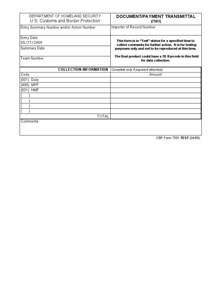U.S. Customs Form CBP Form 7501 Document/Payment Transmittal Test PDF