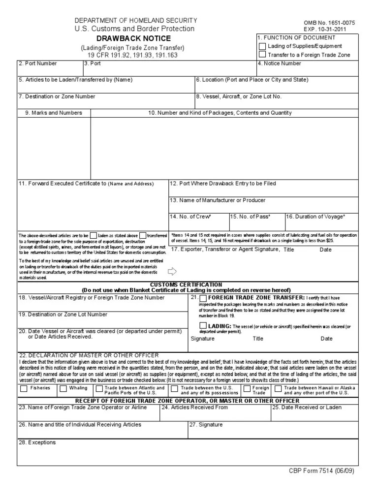U.S. Customs Form CBP Form 7514 Drawback Notice (Lading/FTZ Transfer