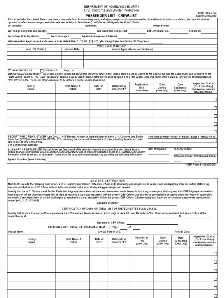 U.S. Customs Form CBP Form I418 Passenger List Crew List U.S. Customs And Border