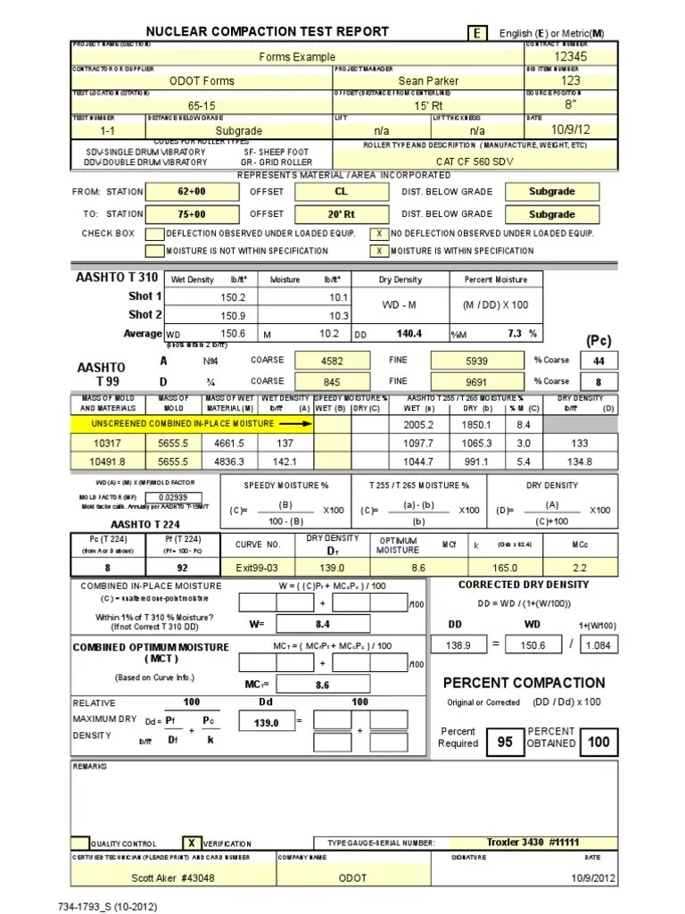 Nuclear Compaction Test Report Forms Example ODOT Forms Sean Parker 65