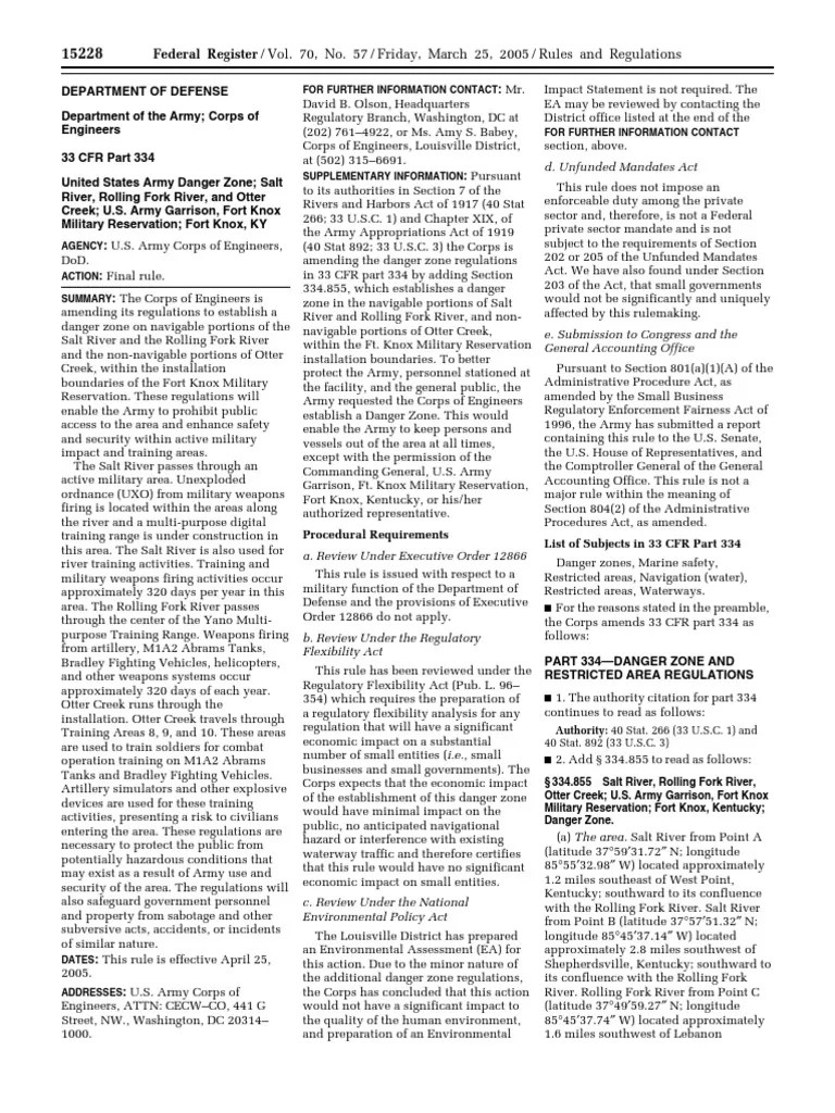 Rule Danger Zones and Restricted Areas Fort Knox, KY Salt River