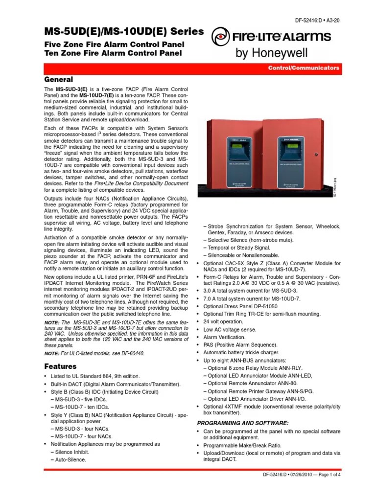 Fire-Lite MS5UD3E Data Sheet | Amplifier | Relay