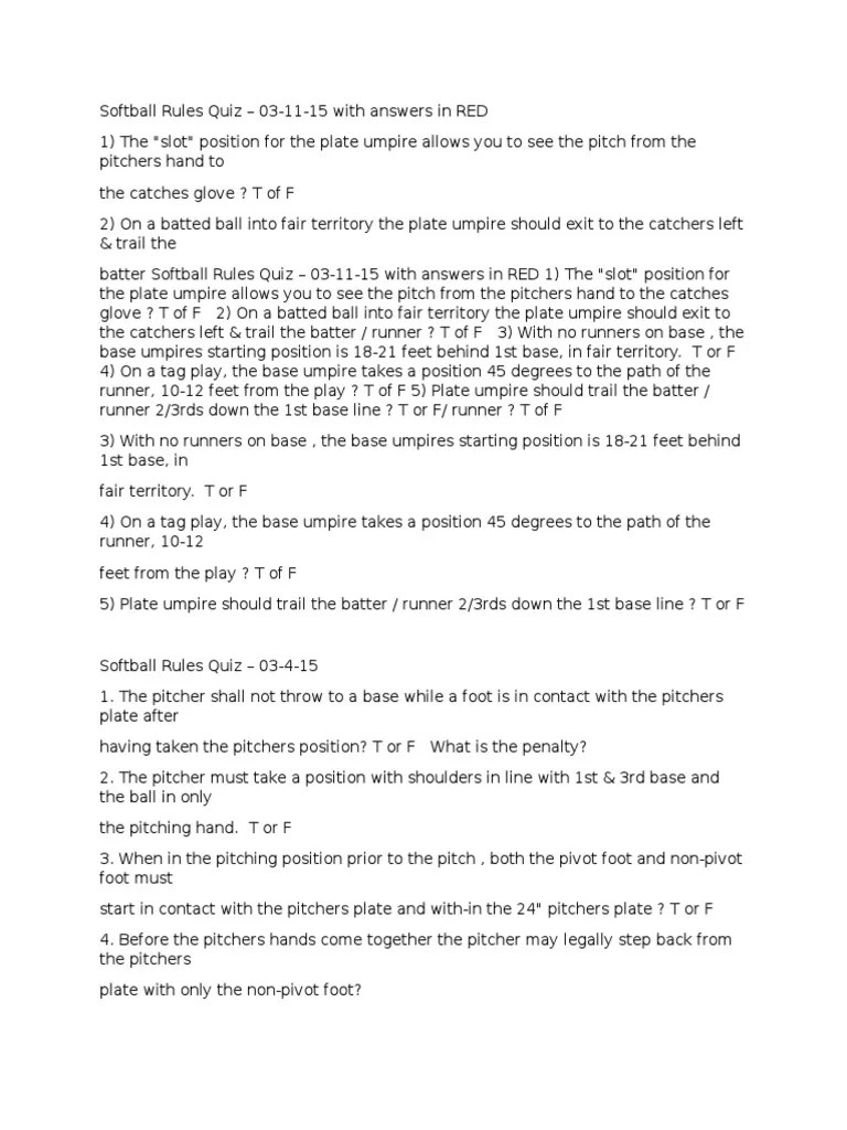 Softball Rules Quiz PDF Baseball Field Softball
