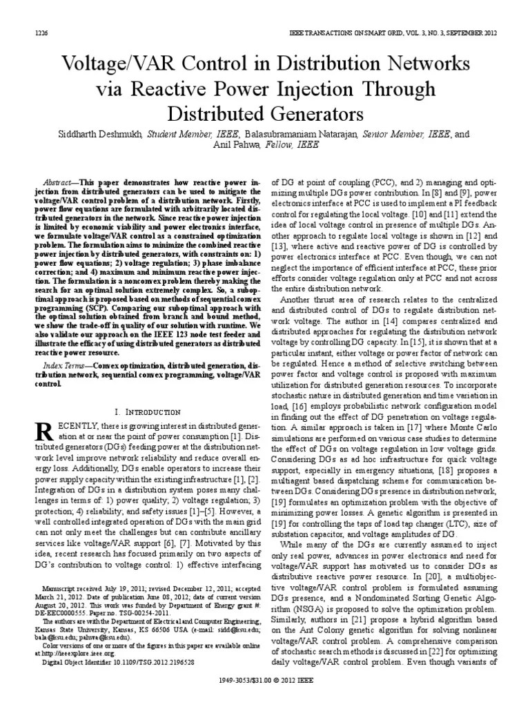 Voltage/VAR Control in Distribution Networks Via Reactive Power Injection Through Distributed