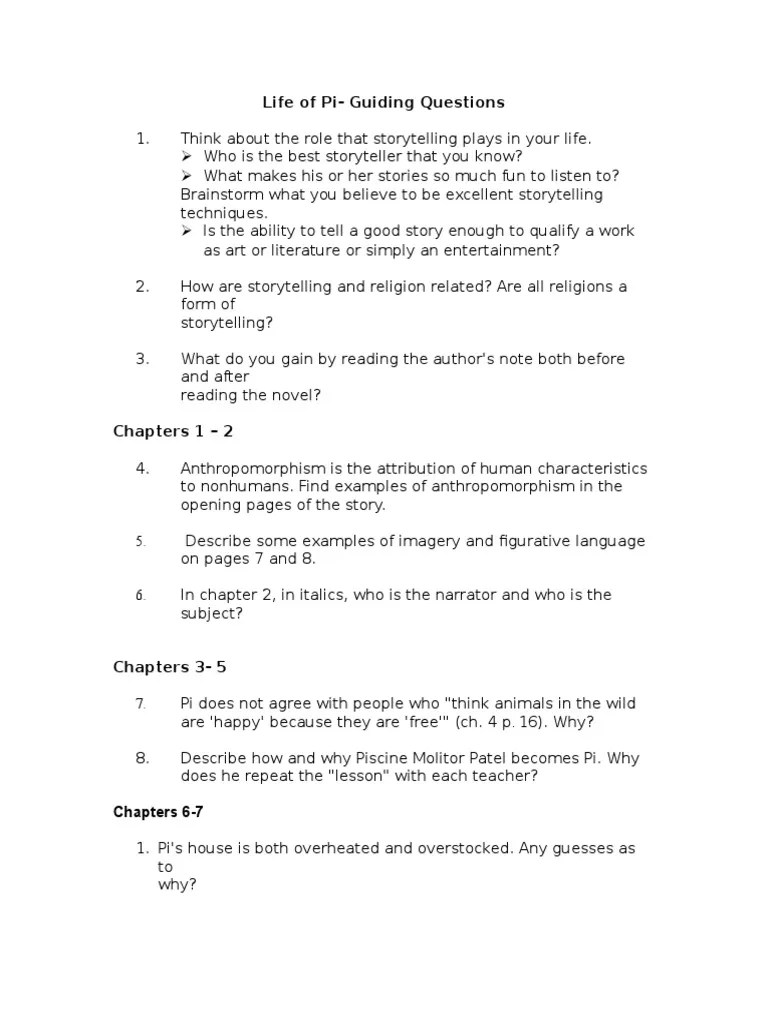 Life of Pi Questions Part 1 PDF Storytelling Religion And Belief