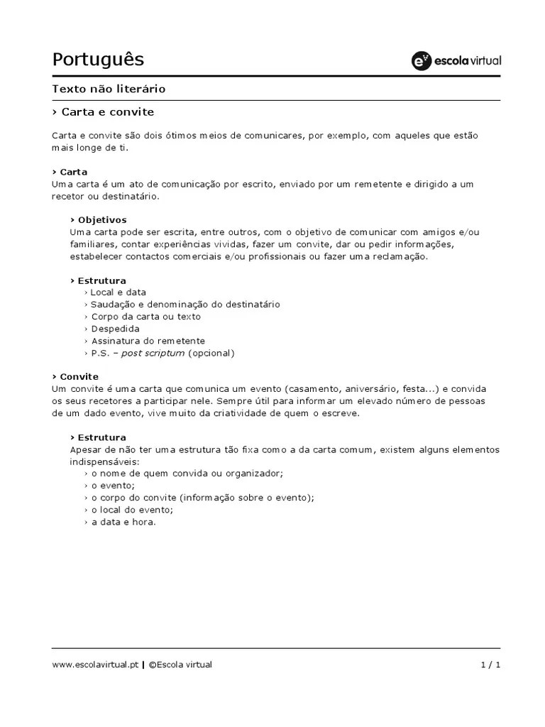 Estrutura de uma Carta ou Convite 5º Ano