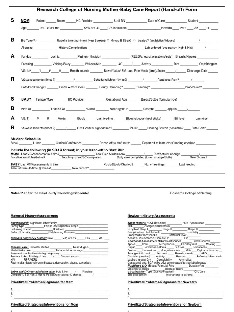 Mother Baby Report Hand Off Sheet and Assessment Tool 110411 Update Pregnancy Childbirth