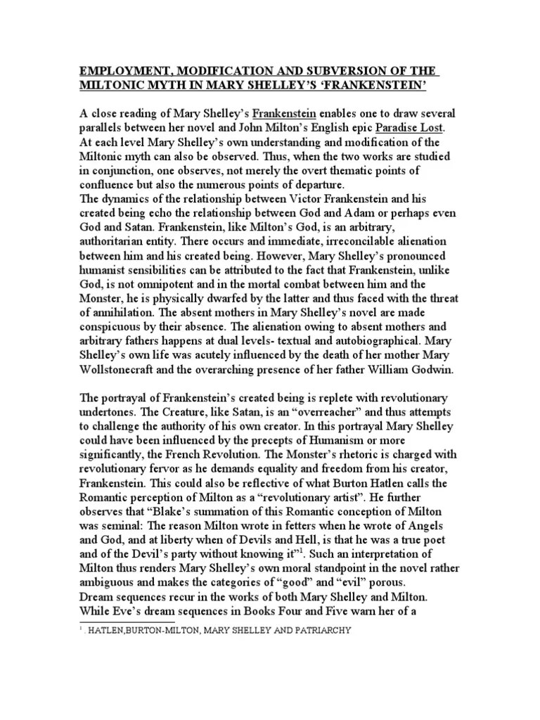 PARADISE LOST AND FRANKENSTEIN Frankenstein Mary Shelley
