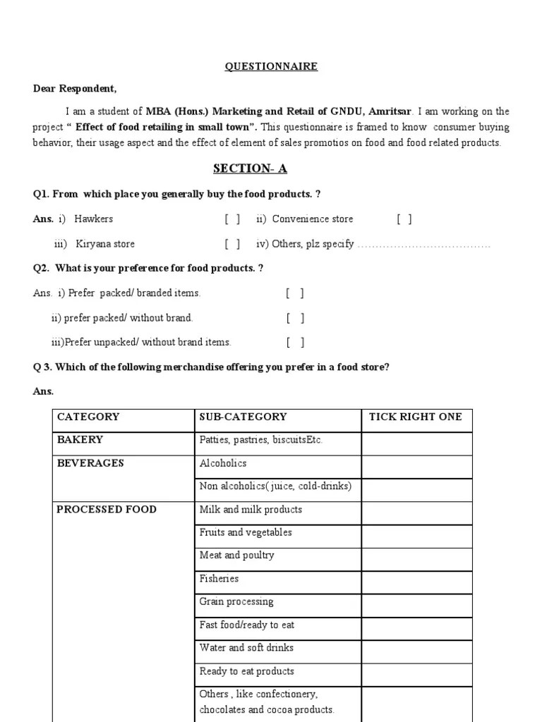 Questionnaire Retail Drink