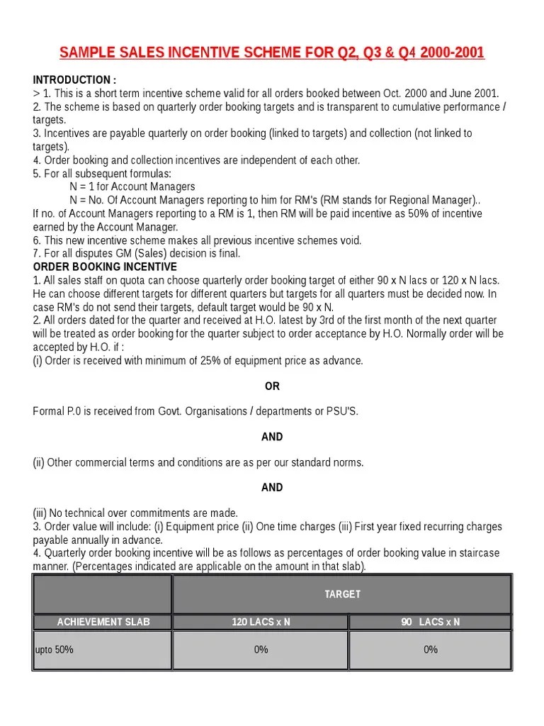 Sample Sales Incentive Scheme for Quarter Economies Government